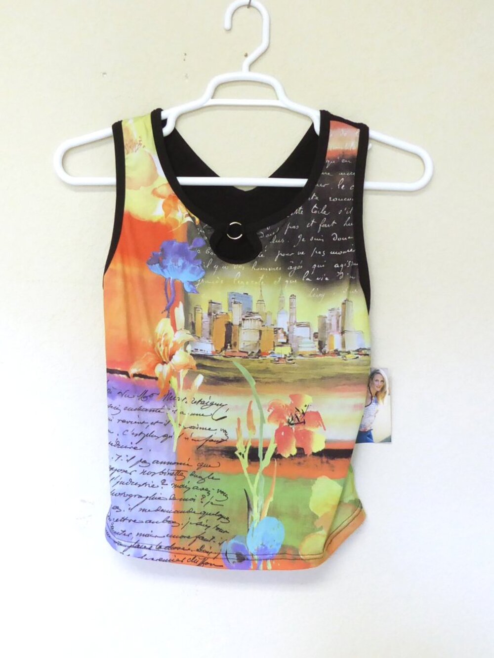 Kos usa floral cityscape writing graphic print O ring racer back tank top sz XL